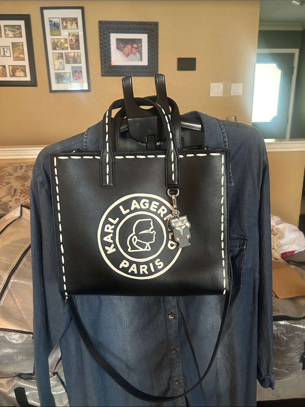 Karl Lagerfeld Black Logo Messenger Bag with White Stitching